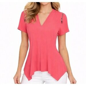 CHAUS Top sz L Coral Short Sleeve Stretch Asymmetrical Hem Zipper Detail NWOT